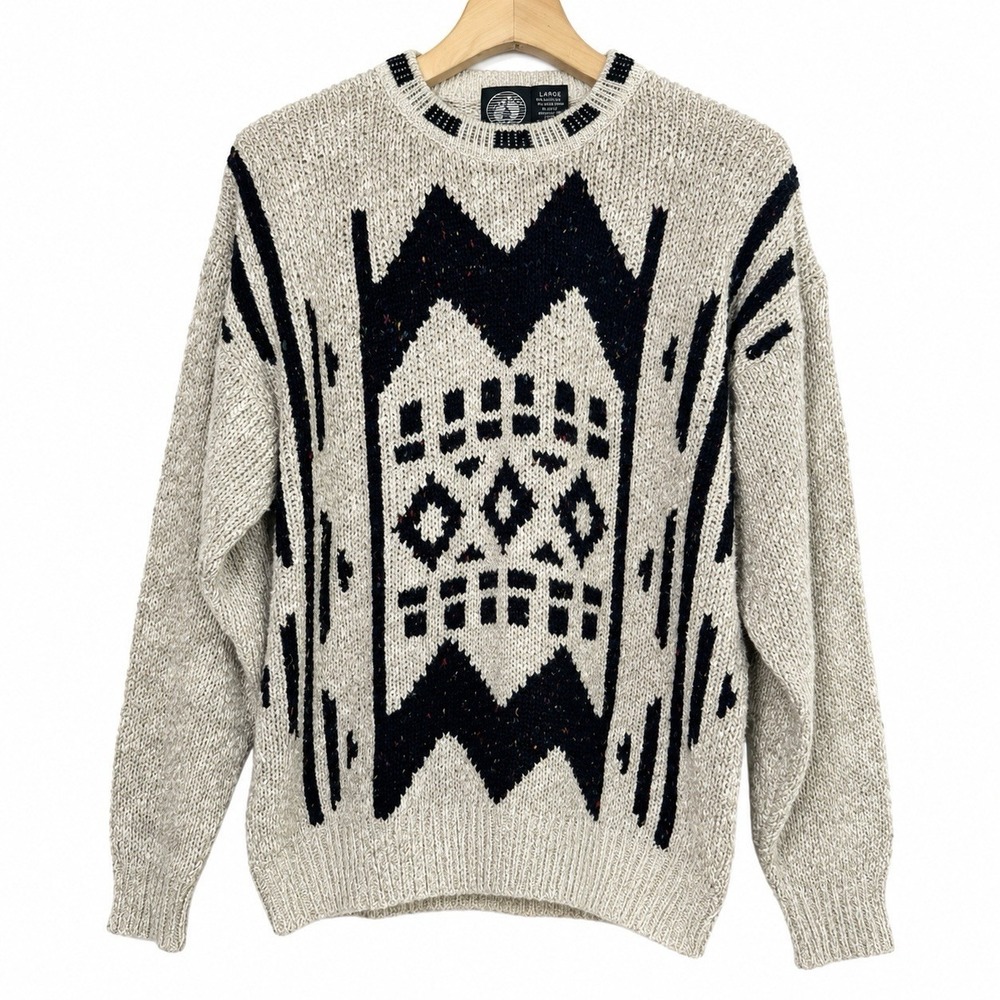 Vintage Hang Ten Sweater Size L Aztec Southwestern Surf Oatmeal Black 80s 90s